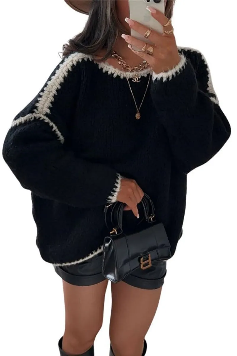 Chouyatou  Women's Fall Color Block Sweater Casual Loose Crewneck Knitted Pullover Jumper Tops